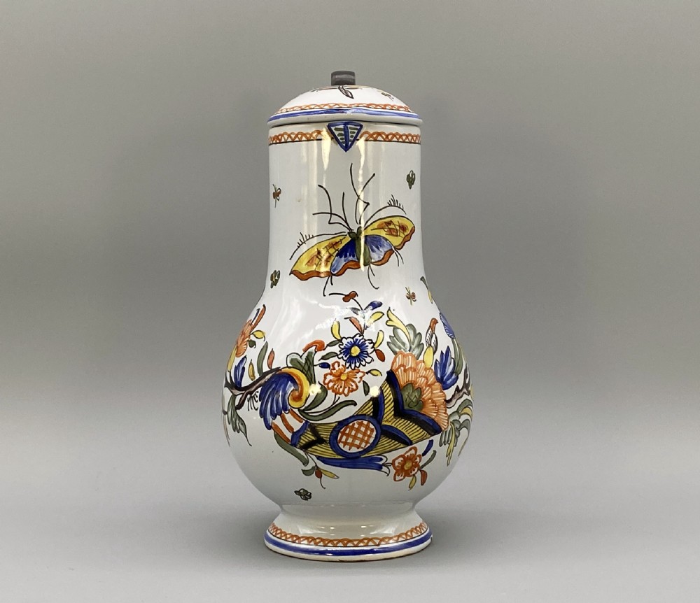 c. 1900 FINE FRENCH ROUEN FAIENCE & PEWTER POLYCHROME PAINTED EWER PITCHER JUG View III