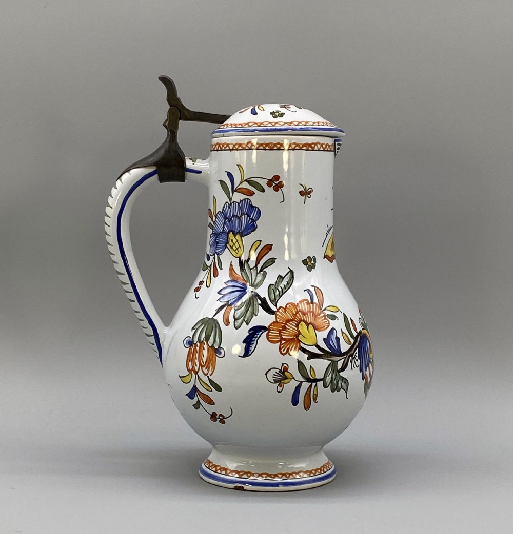 c. 1900 FINE FRENCH ROUEN FAIENCE & PEWTER POLYCHROME PAINTED EWER PITCHER JUG View IV