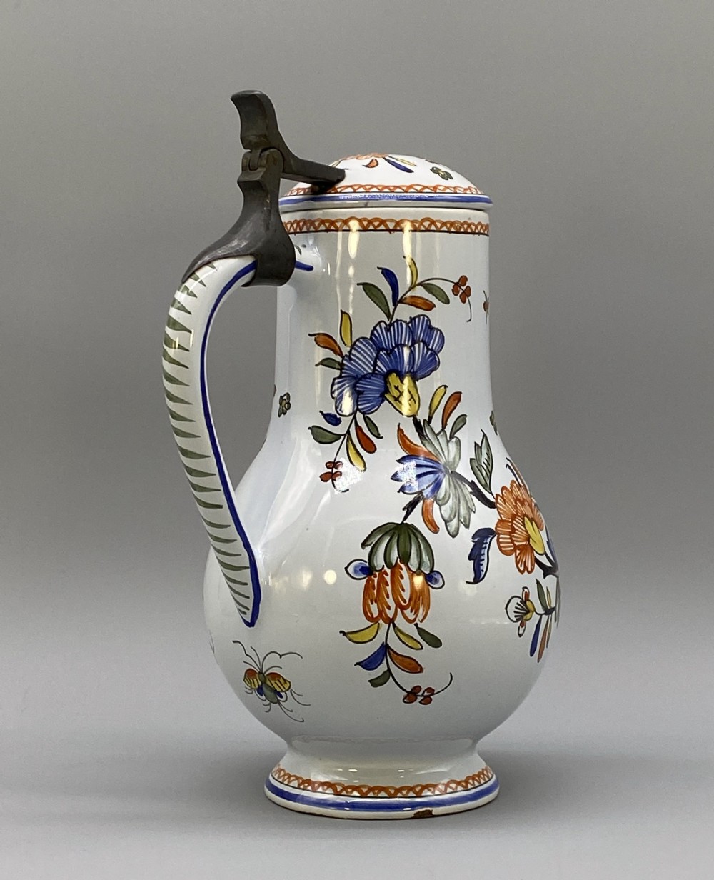 c. 1900 FINE FRENCH ROUEN FAIENCE & PEWTER POLYCHROME PAINTED EWER PITCHER JUG View V