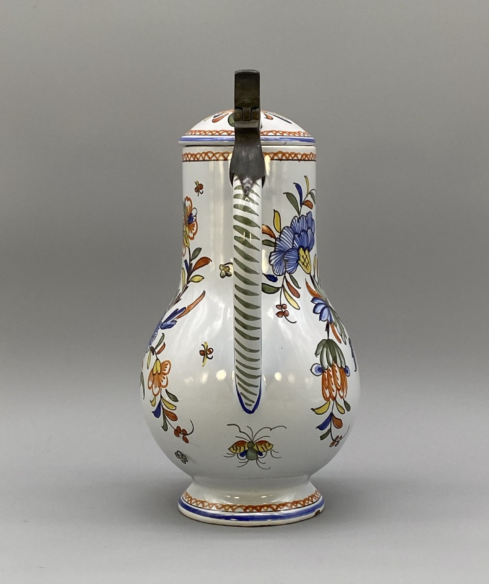 c. 1900 FINE FRENCH ROUEN FAIENCE & PEWTER POLYCHROME PAINTED EWER PITCHER JUG View VI