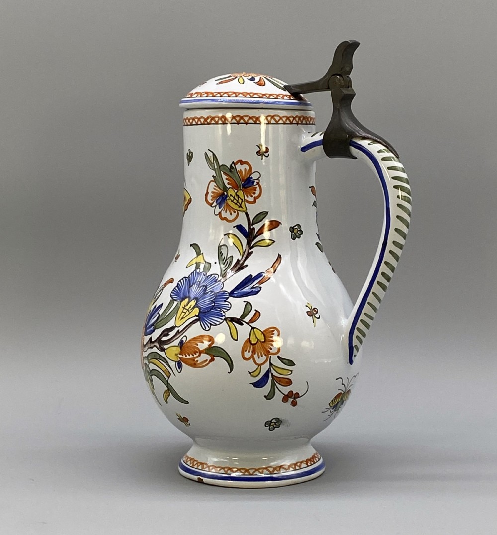 c. 1900 FINE FRENCH ROUEN FAIENCE & PEWTER POLYCHROME PAINTED EWER PITCHER JUG View VII