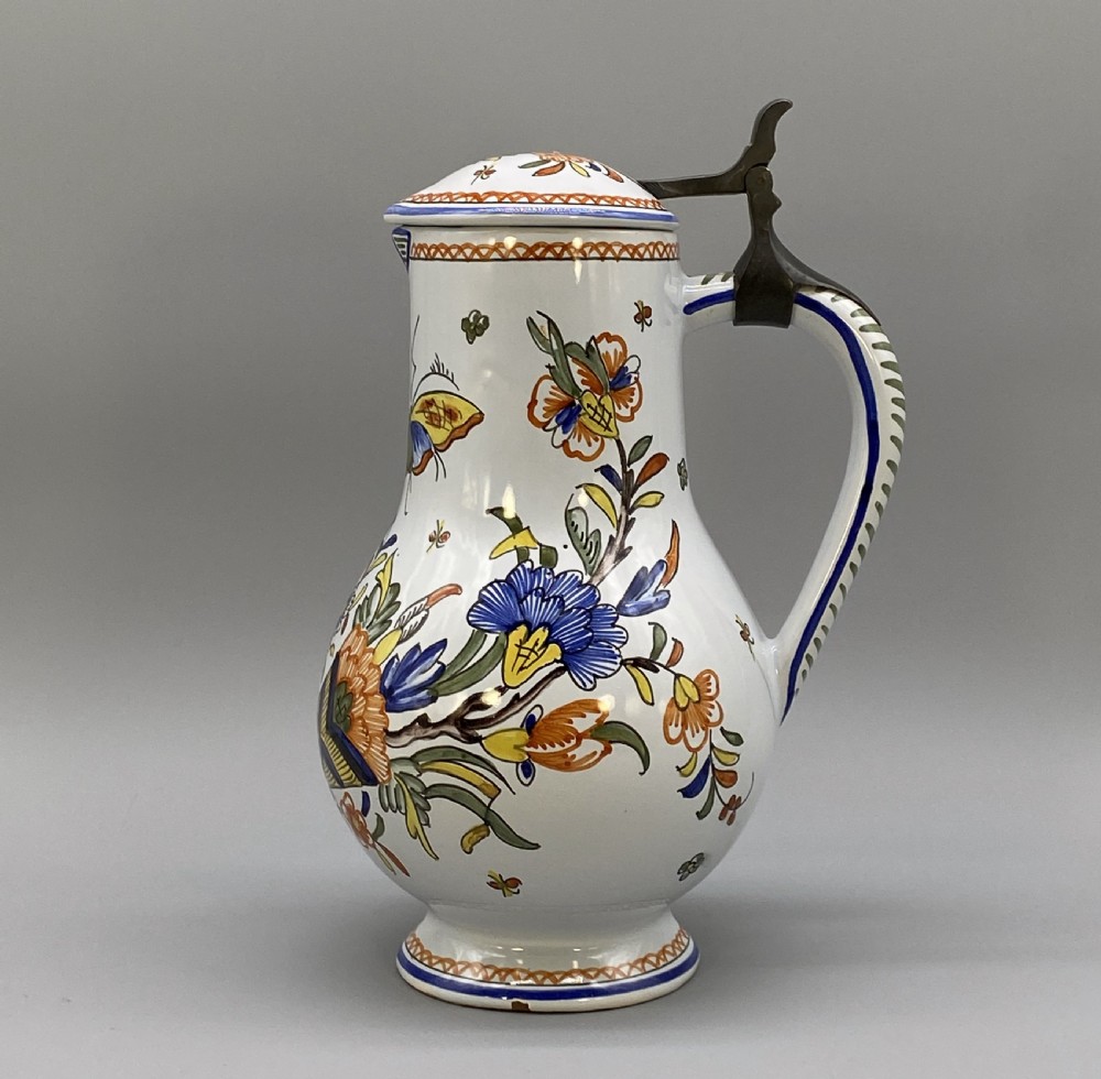 c. 1900 FINE FRENCH ROUEN FAIENCE & PEWTER POLYCHROME PAINTED EWER PITCHER JUG View VIII