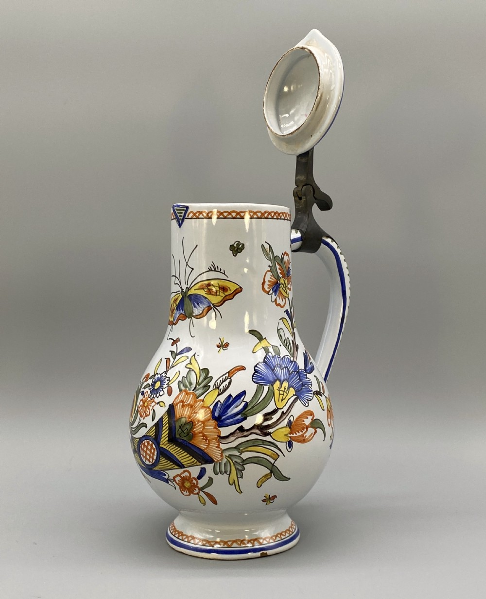 c. 1900 FINE FRENCH ROUEN FAIENCE & PEWTER POLYCHROME PAINTED EWER PITCHER JUG View IX