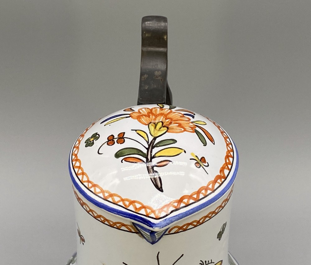 c. 1900 FINE FRENCH ROUEN FAIENCE & PEWTER POLYCHROME PAINTED EWER PITCHER JUG View X