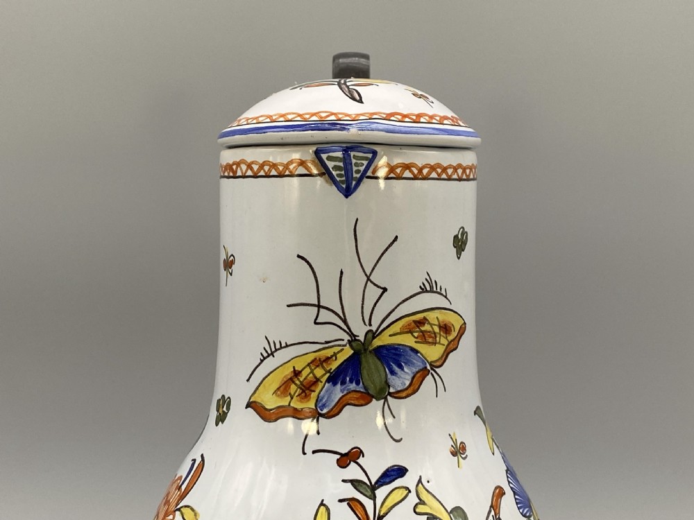 c. 1900 FINE FRENCH ROUEN FAIENCE & PEWTER POLYCHROME PAINTED EWER PITCHER JUG View XI