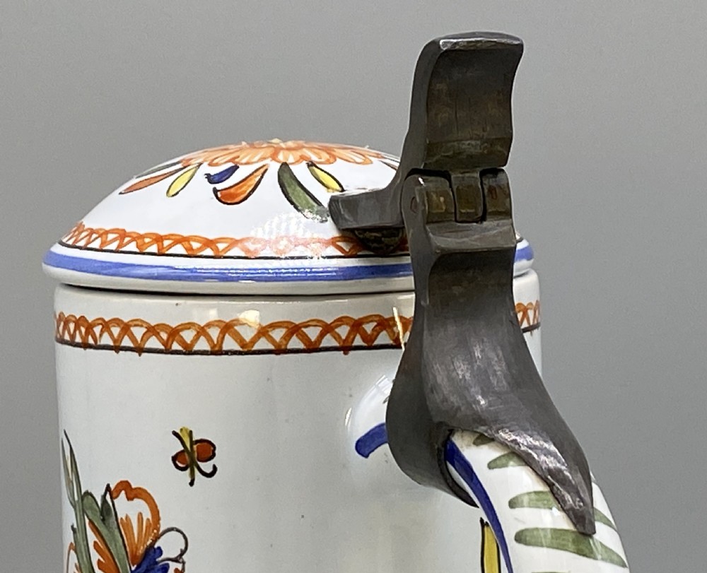 c. 1900 FINE FRENCH ROUEN FAIENCE & PEWTER POLYCHROME PAINTED EWER PITCHER JUG View XV