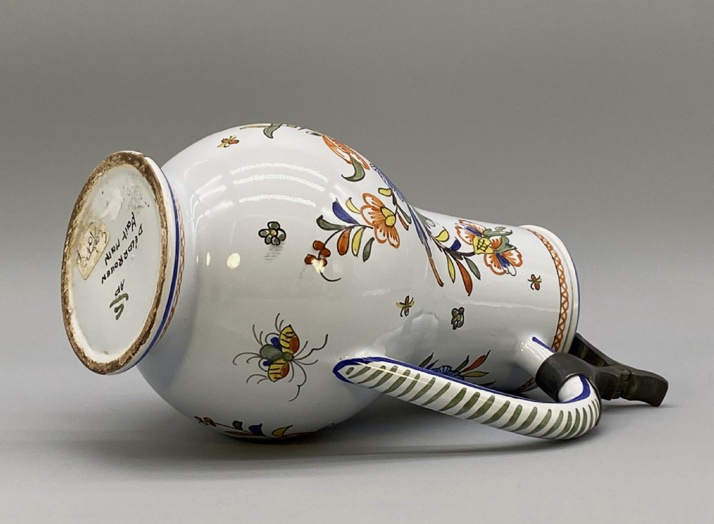 c. 1900 FINE FRENCH ROUEN FAIENCE & PEWTER POLYCHROME PAINTED EWER PITCHER JUG View XVI