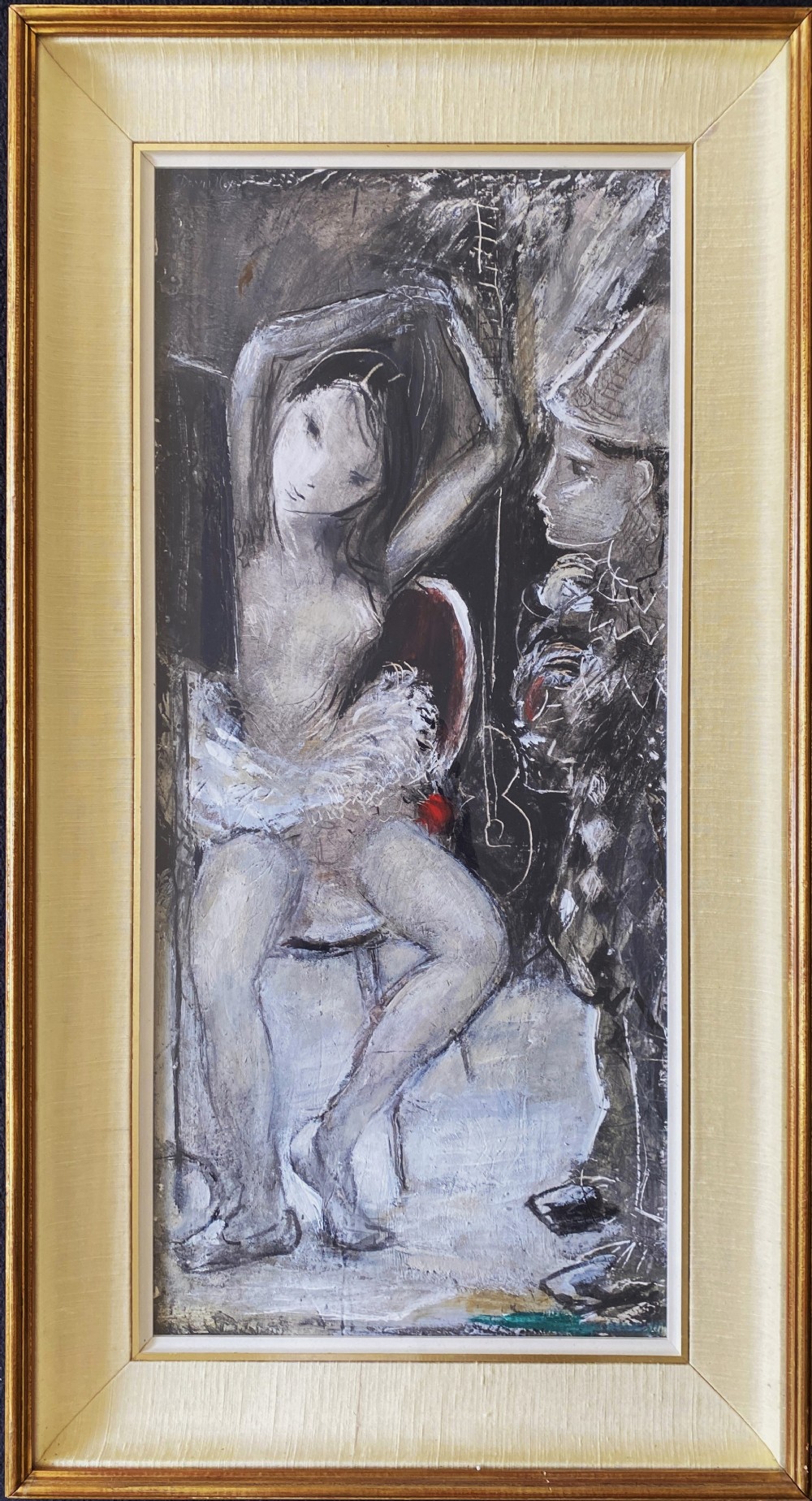 Framed mid-century mixed media painting depicting a seated ballerina in a tutu alongside a harlequin figure, presented in a fabric mount with a gilt frame.