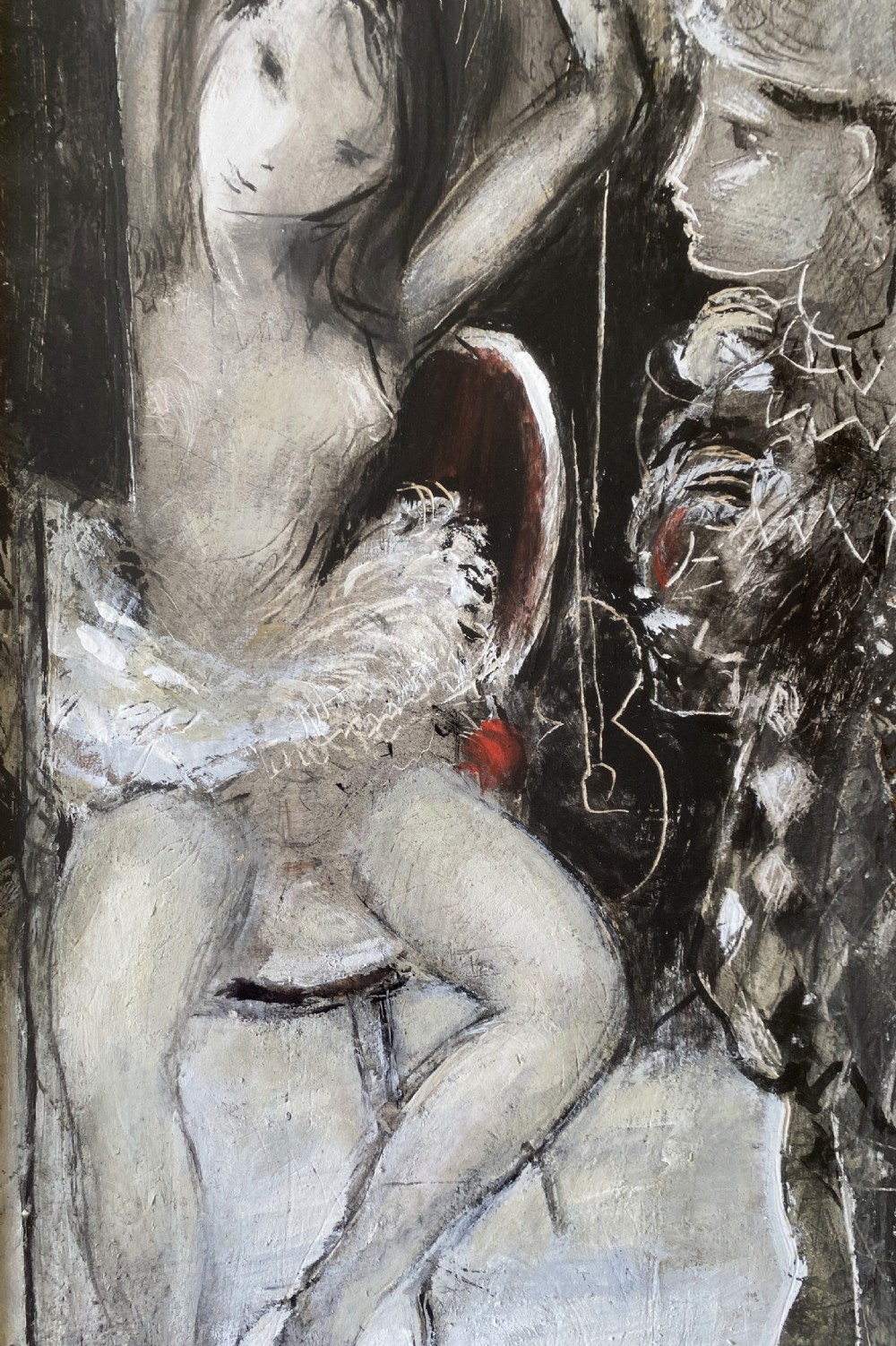 Framed mid-century mixed media painting depicting a seated ballerina in a tutu alongside a harlequin figure, presented in a fabric mount with a gilt frame. View III