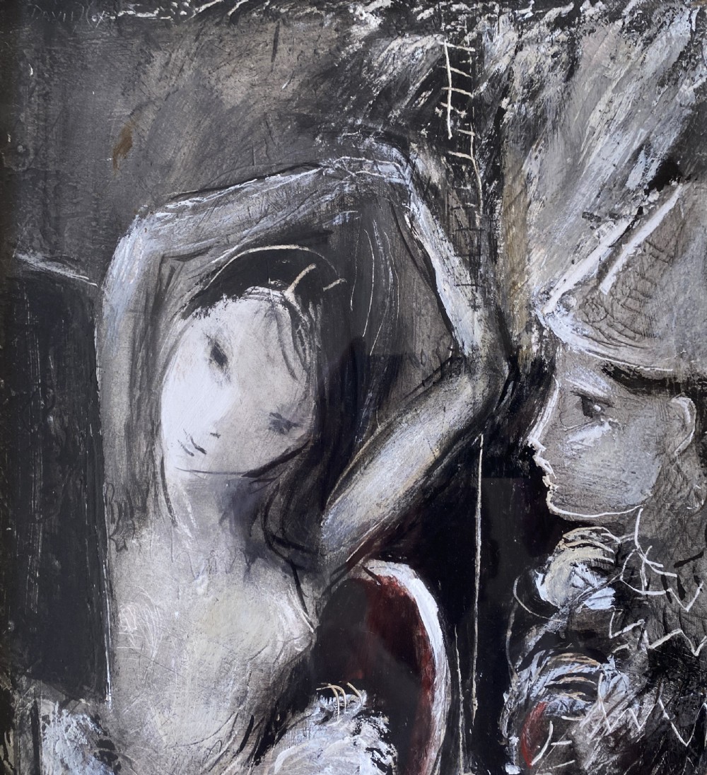 Framed mid-century mixed media painting depicting a seated ballerina in a tutu alongside a harlequin figure, presented in a fabric mount with a gilt frame. View V