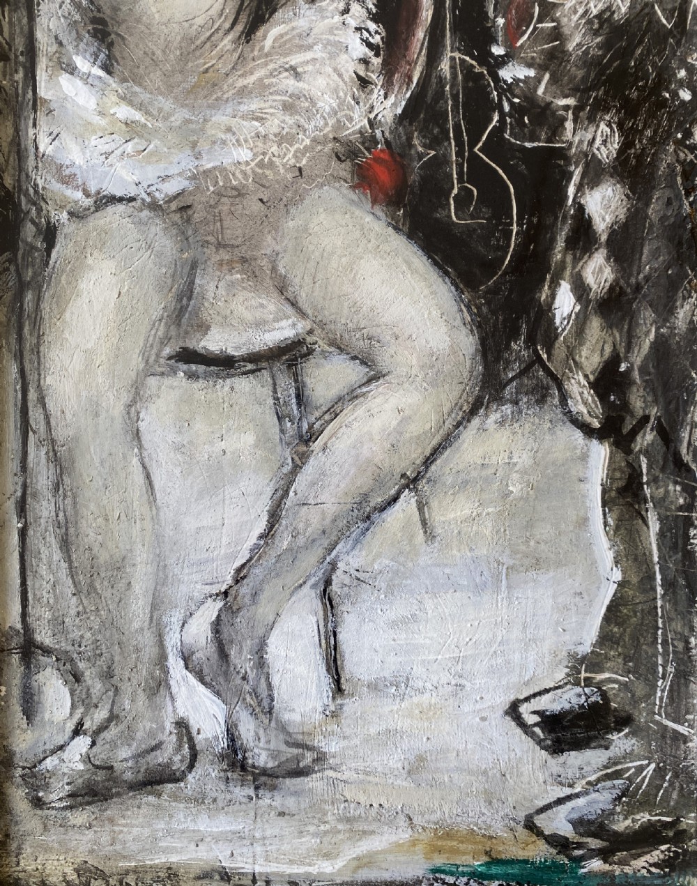 Framed mid-century mixed media painting depicting a seated ballerina in a tutu alongside a harlequin figure, presented in a fabric mount with a gilt frame. View VI