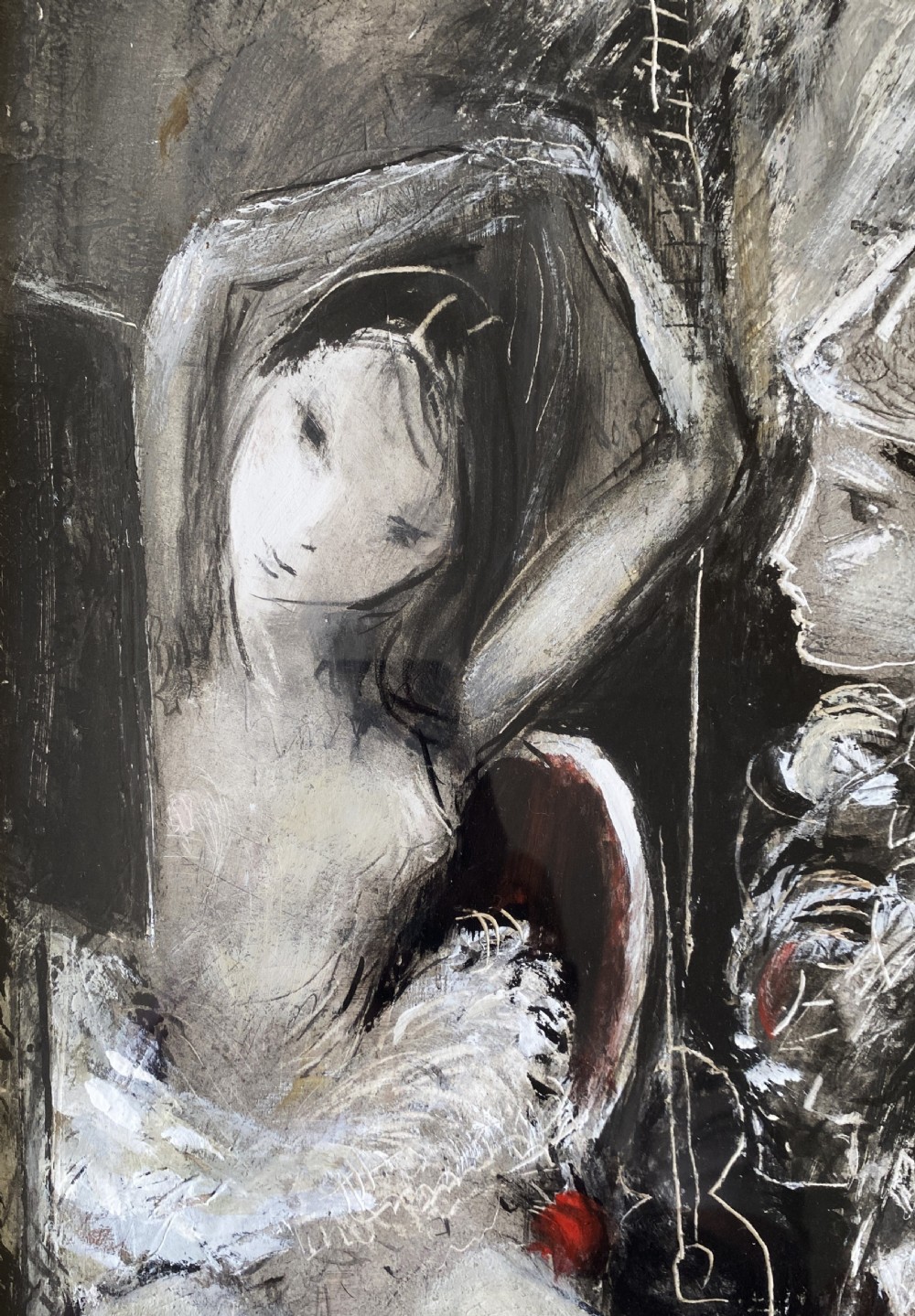Framed mid-century mixed media painting depicting a seated ballerina in a tutu alongside a harlequin figure, presented in a fabric mount with a gilt frame. View VII