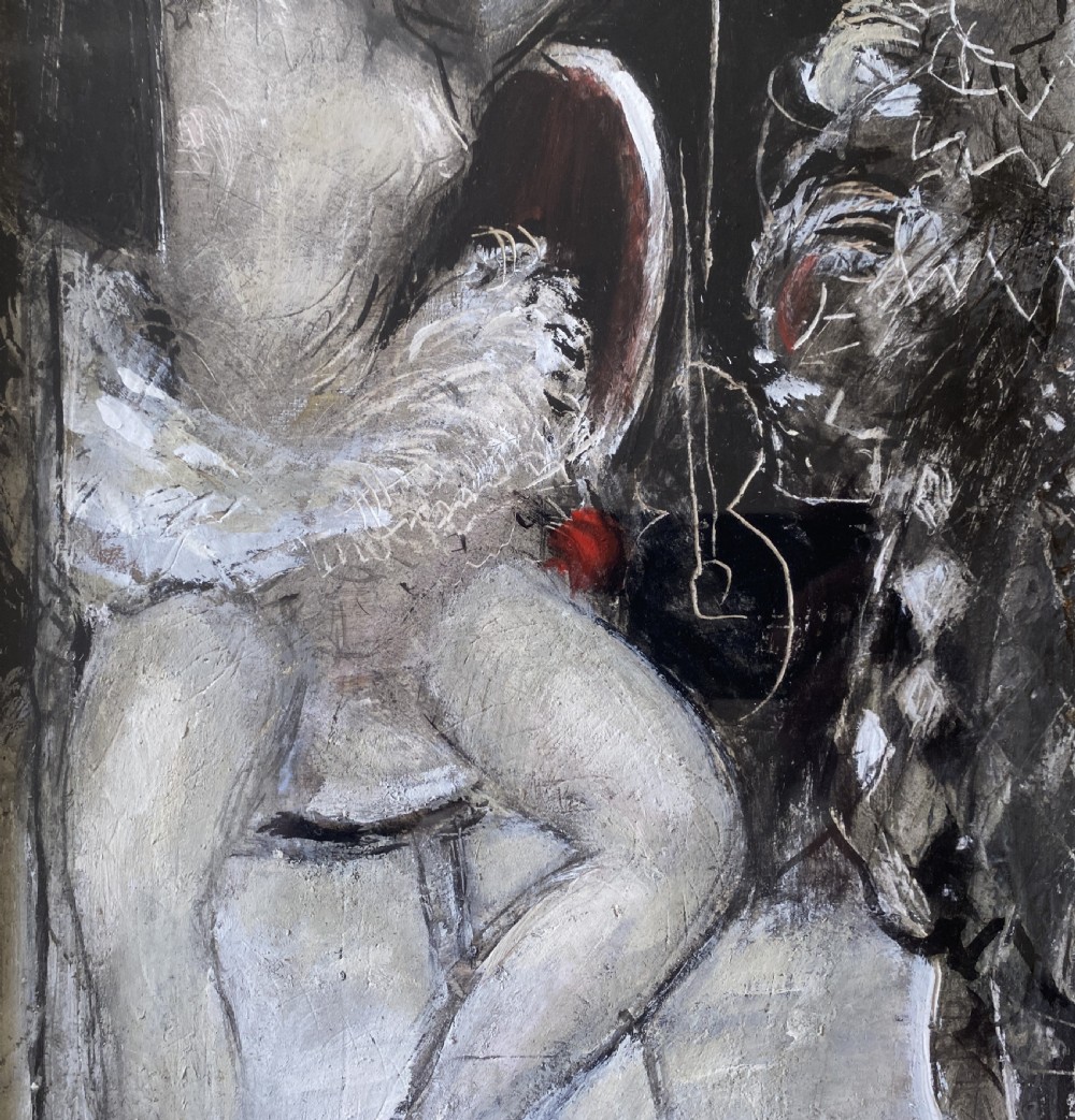Framed mid-century mixed media painting depicting a seated ballerina in a tutu alongside a harlequin figure, presented in a fabric mount with a gilt frame. View VIII