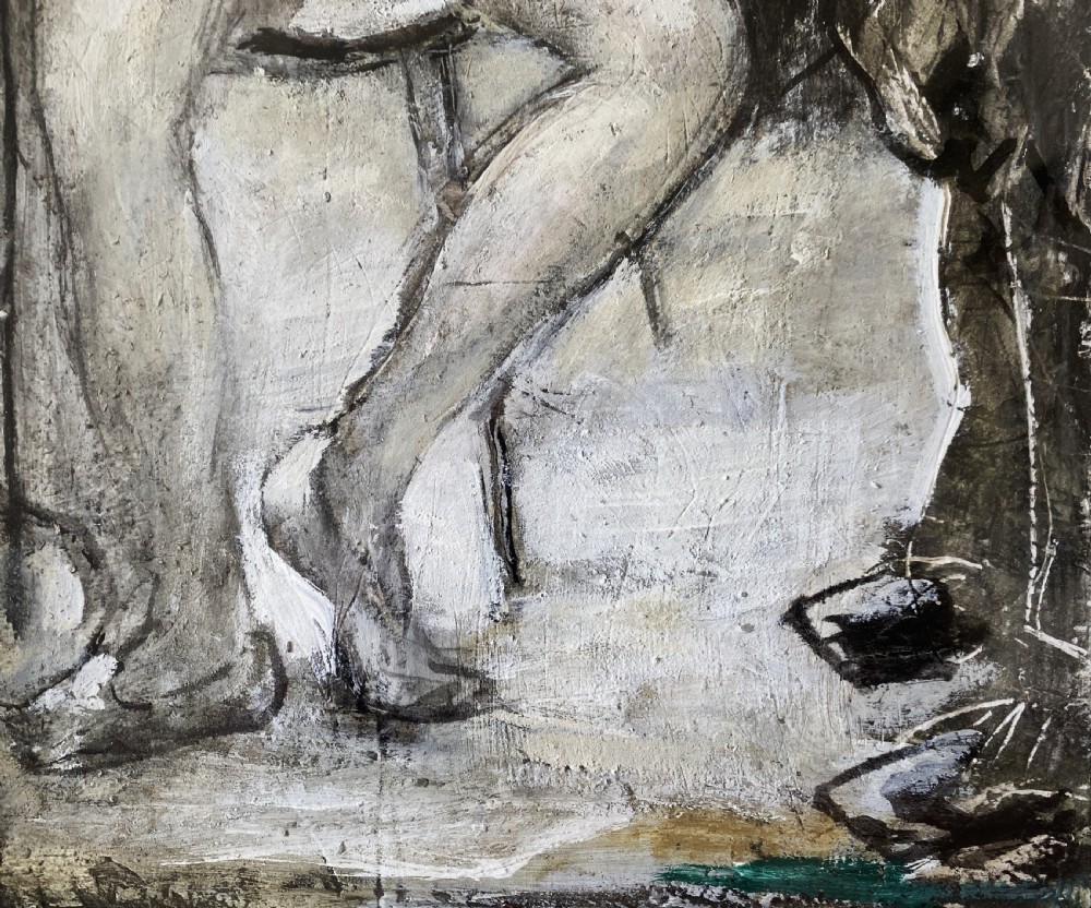 Framed mid-century mixed media painting depicting a seated ballerina in a tutu alongside a harlequin figure, presented in a fabric mount with a gilt frame. View IX