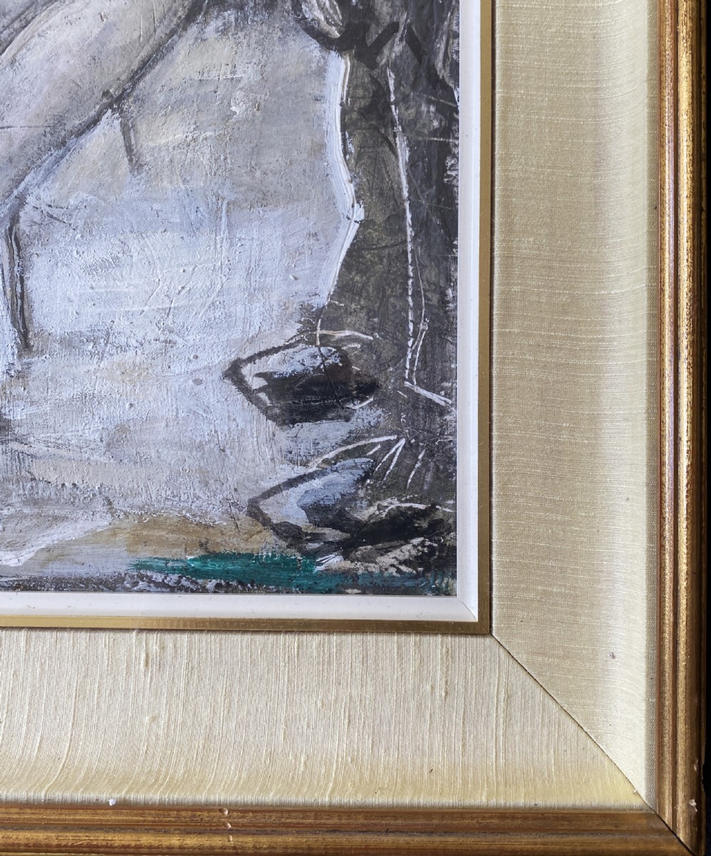 Framed mid-century mixed media painting depicting a seated ballerina in a tutu alongside a harlequin figure, presented in a fabric mount with a gilt frame. View XI
