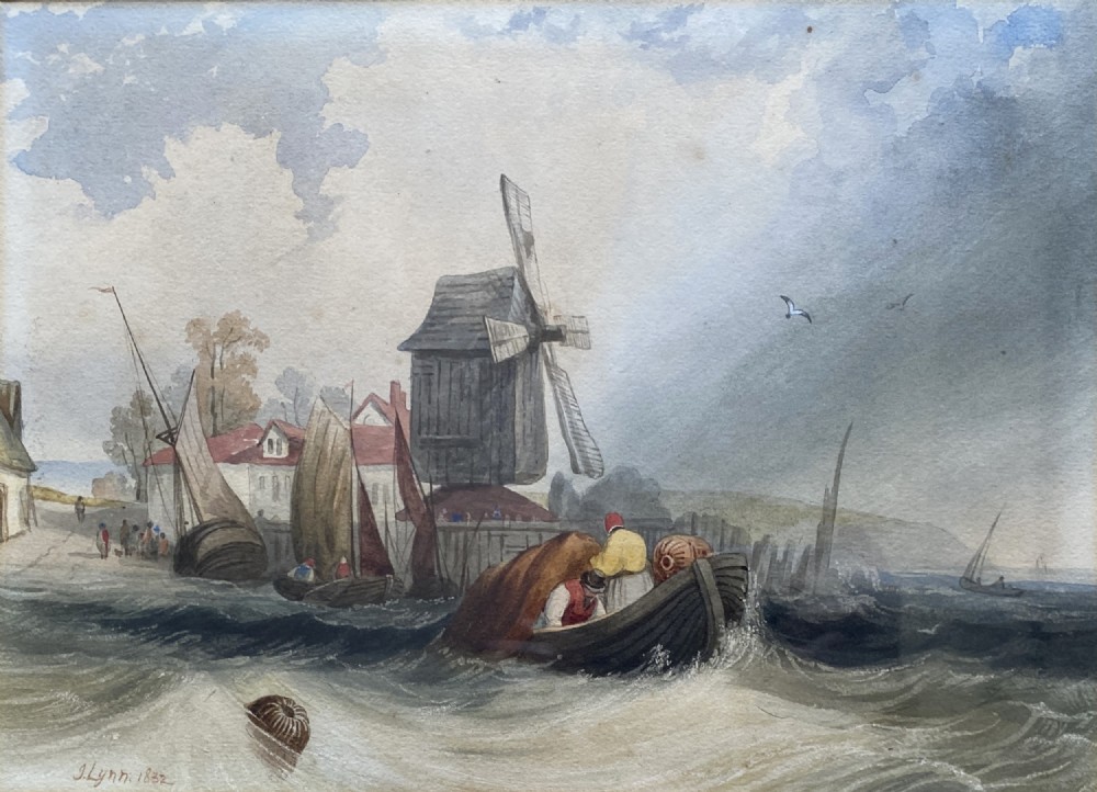 John Lynn fl. 1828-1848 MOORING IN ROUGH SEAS SEASCAPE WATERCOLOUR PAINTING