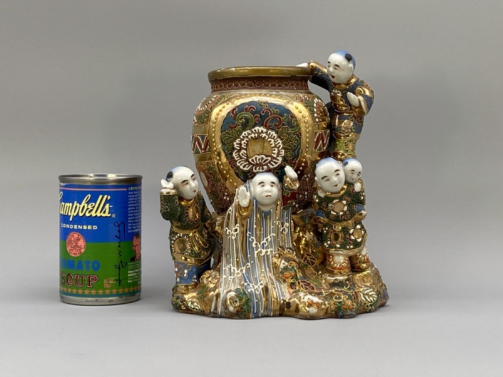 Superb c. 1900 Antique Japanese Meiji Period Porcelain Figural Vase Brush Pot View II