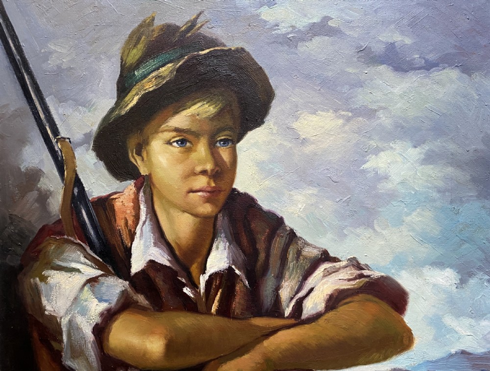 The Young Huntsman - Original c. 1950s Vintage Oil Portrait Painting with Game
 View IV