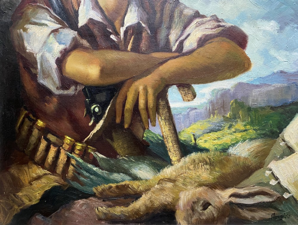 The Young Huntsman - Original c. 1950s Vintage Oil Portrait Painting with Game
 View VI