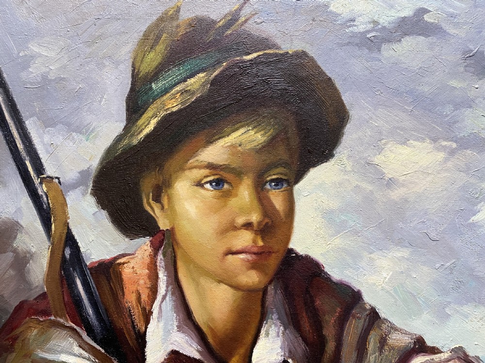 The Young Huntsman - Original c. 1950s Vintage Oil Portrait Painting with Game
 View IX