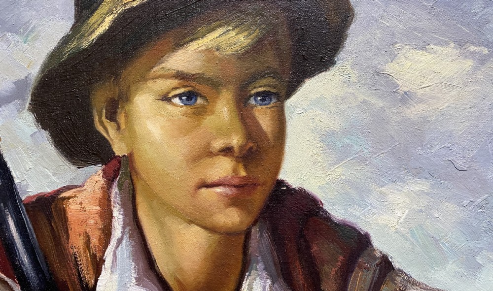 The Young Huntsman - Original c. 1950s Vintage Oil Portrait Painting with Game
 View X