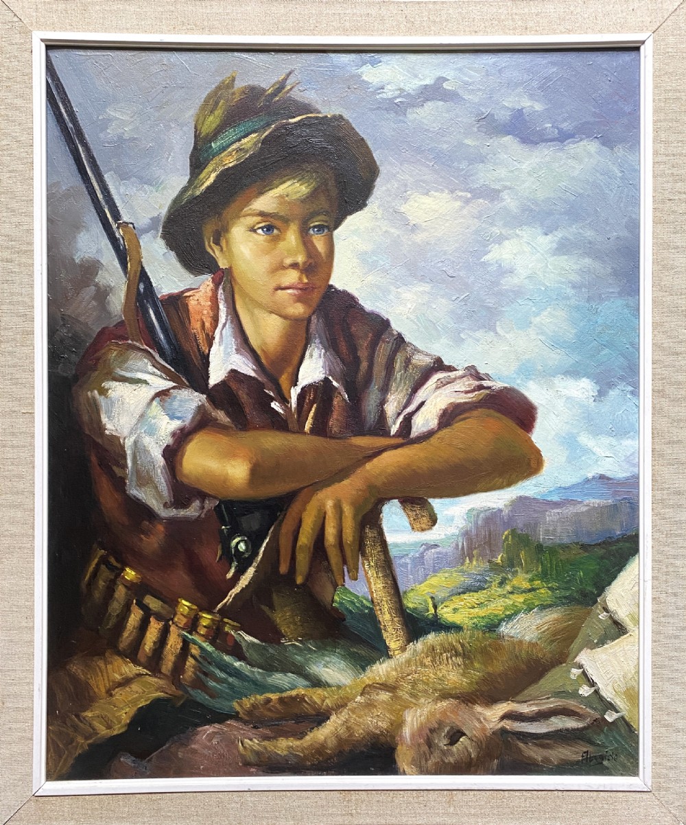 The Young Huntsman - Original c. 1950s Vintage Oil Portrait Painting with Game
 View XIII