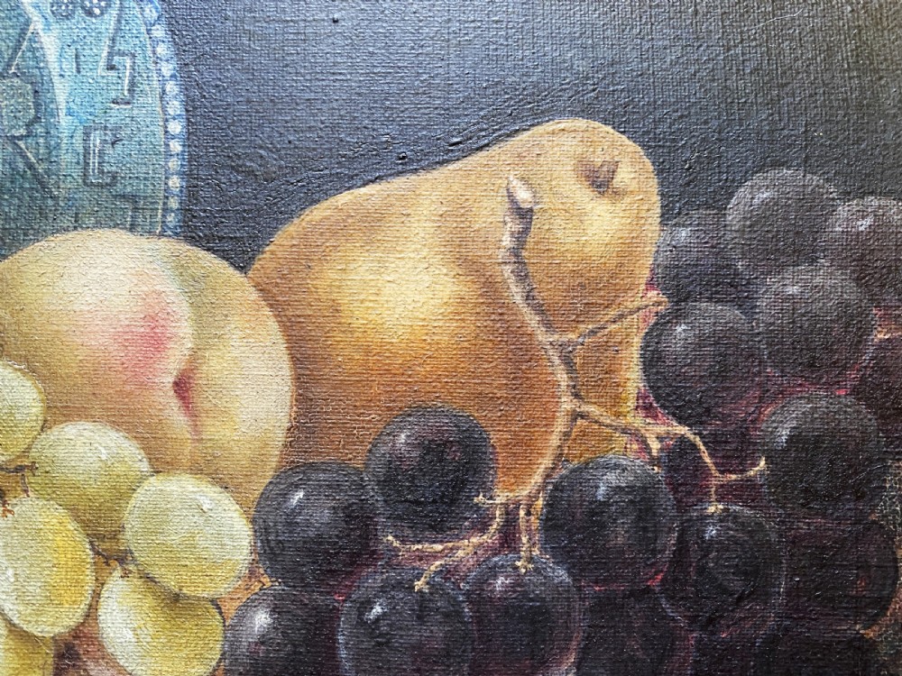 A late 19th-century still life oil painting on canvas depicting fruit and a blue patterned plate, framed in an ornate gilded frame. View VIII