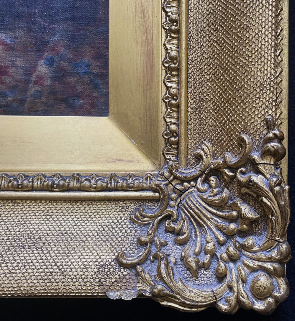A late 19th-century still life oil painting on canvas depicting fruit and a blue patterned plate, framed in an ornate gilded frame. View IX