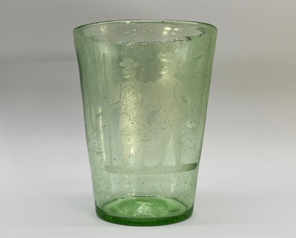 Large Superb 18thC Hand-Blown Engraved Green Glass Beaker Vase circa 1760