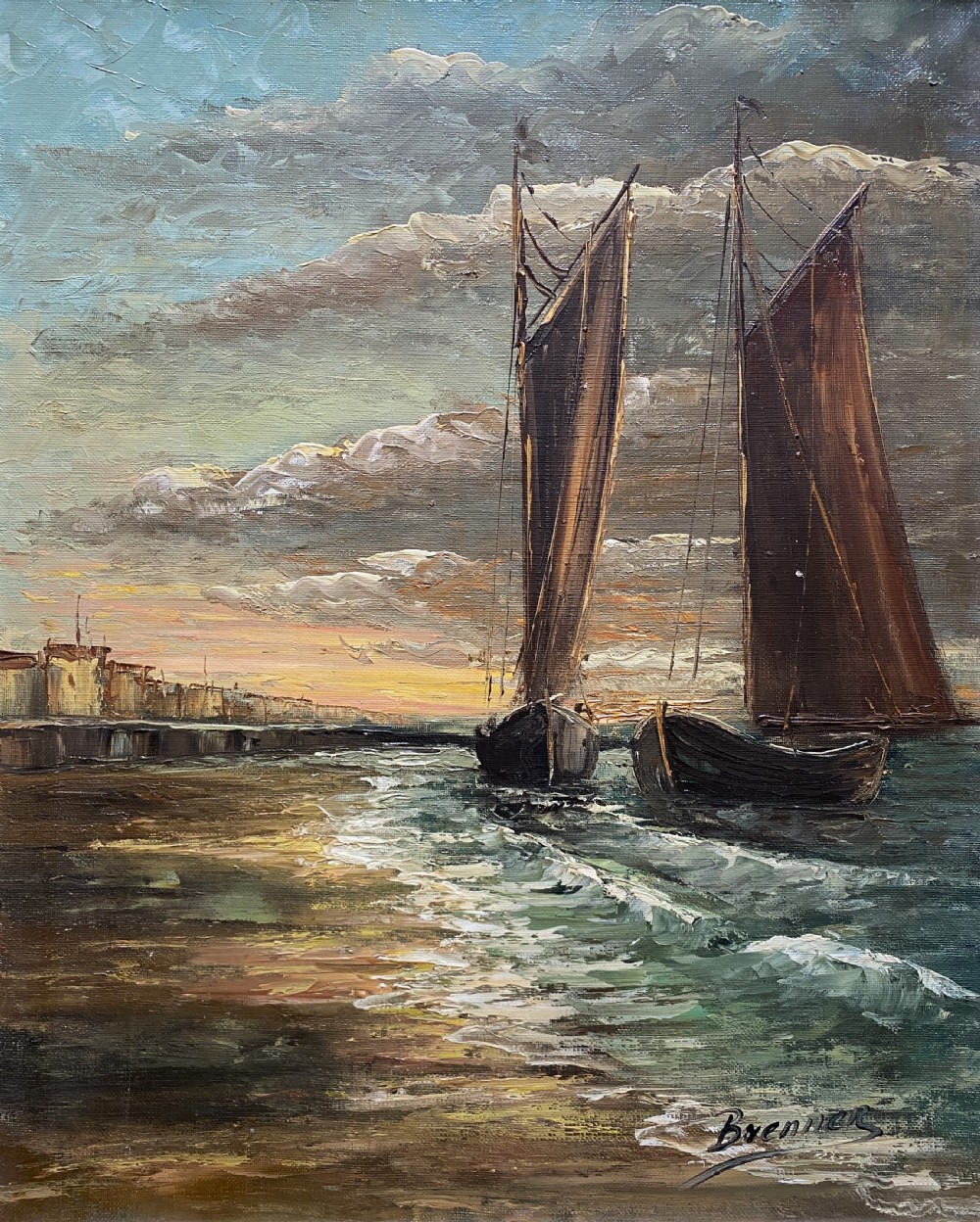 An impressionist oil painting depicting two sailing boats near a shoreline under a dramatic cloudy sky, presented in an ornate gilt frame. View II