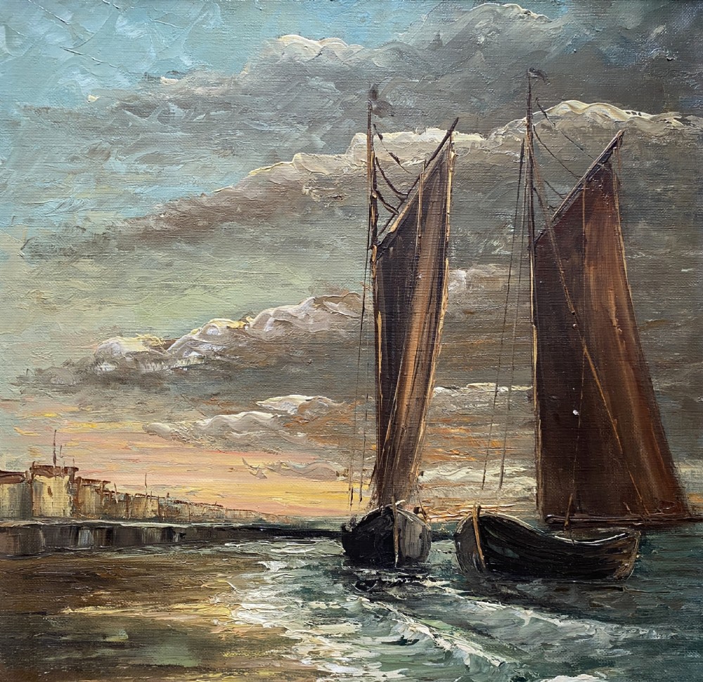 An impressionist oil painting depicting two sailing boats near a shoreline under a dramatic cloudy sky, presented in an ornate gilt frame. View III