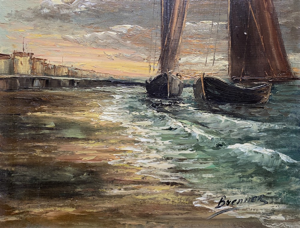 An impressionist oil painting depicting two sailing boats near a shoreline under a dramatic cloudy sky, presented in an ornate gilt frame. View IV