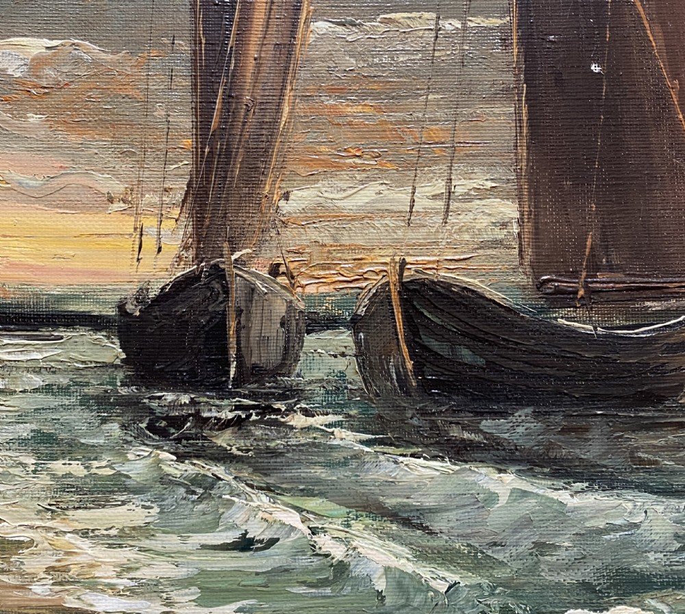 An impressionist oil painting depicting two sailing boats near a shoreline under a dramatic cloudy sky, presented in an ornate gilt frame. View VI