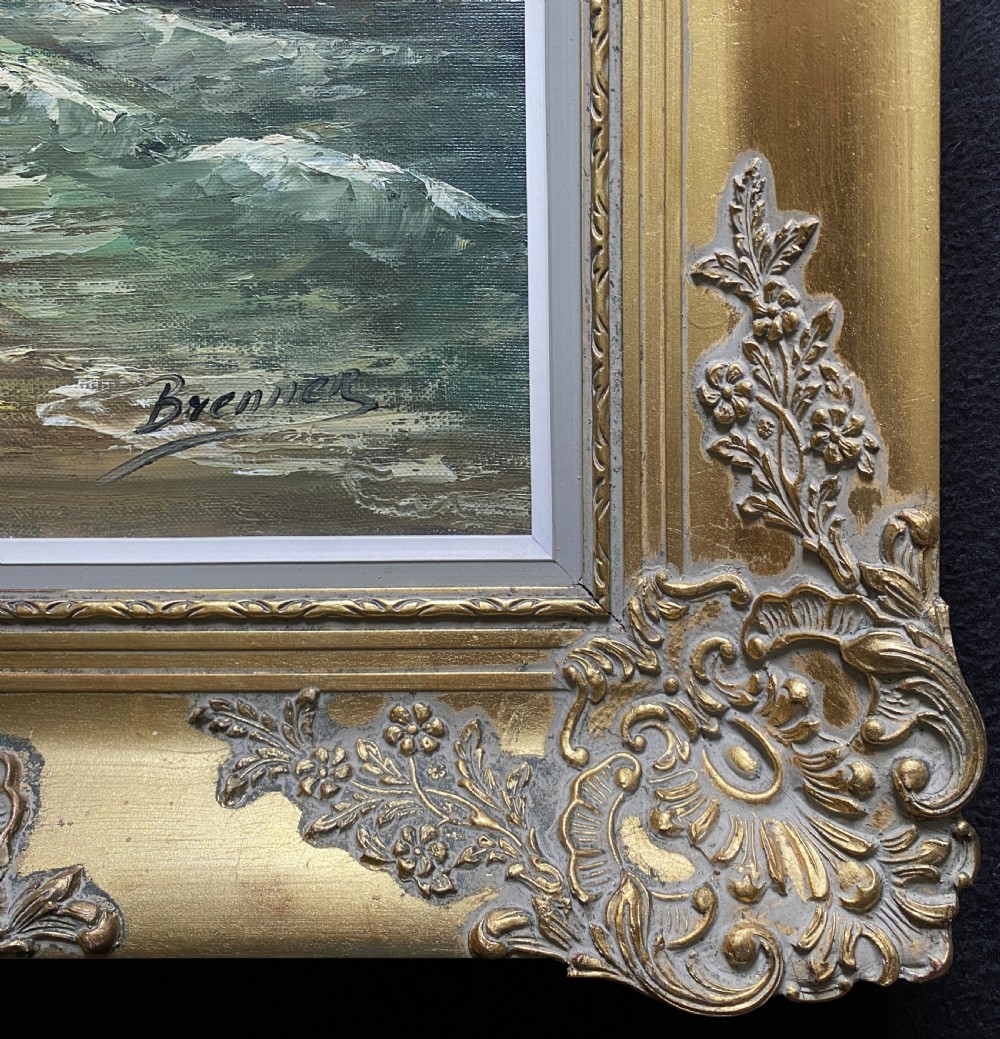 An impressionist oil painting depicting two sailing boats near a shoreline under a dramatic cloudy sky, presented in an ornate gilt frame. View VIII