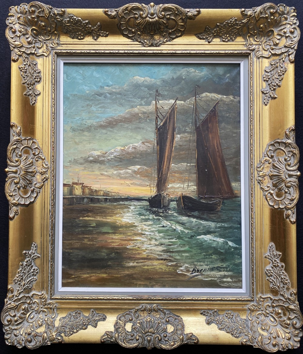 An impressionist oil painting depicting two sailing boats near a shoreline under a dramatic cloudy sky, presented in an ornate gilt frame. View X