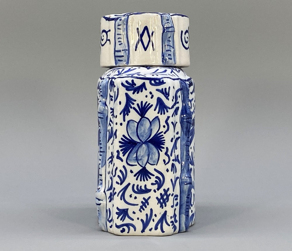 c. 1820 Dutch Delft  Blue and White Chinoiserie Tea Caddy Canister & Cover View IV