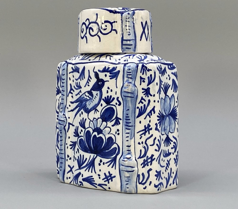 c. 1820 Dutch Delft  Blue and White Chinoiserie Tea Caddy Canister & Cover View V