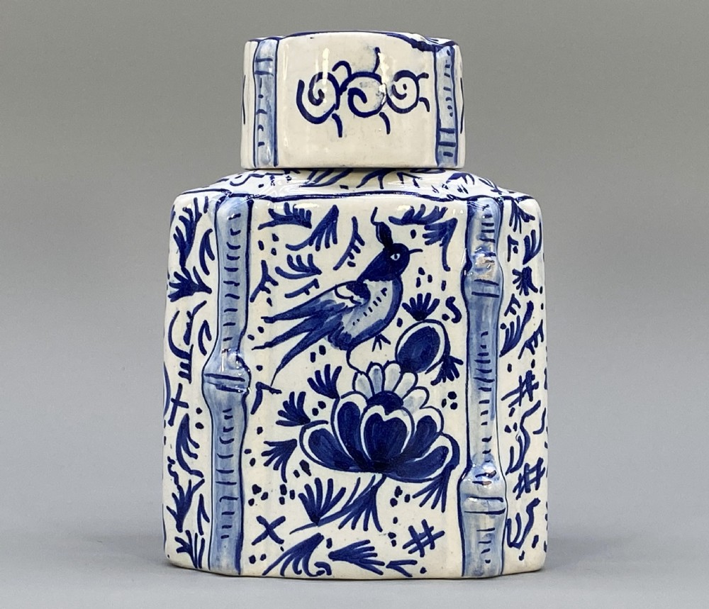 c. 1820 Dutch Delft  Blue and White Chinoiserie Tea Caddy Canister & Cover View VI