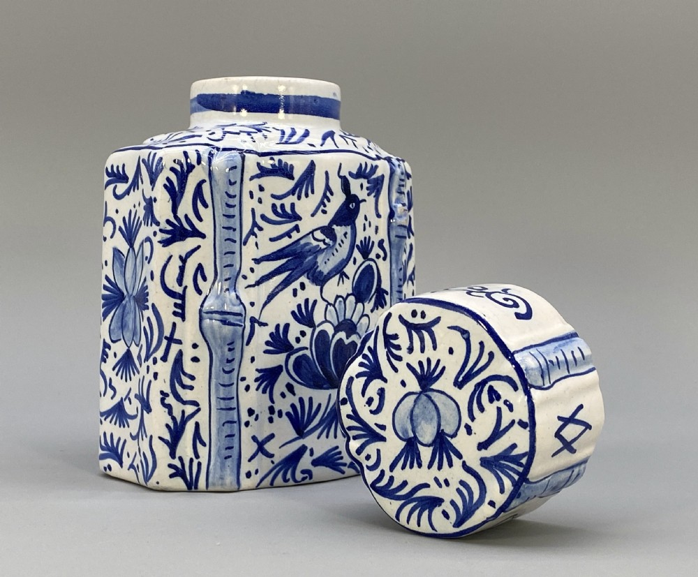 c. 1820 Dutch Delft  Blue and White Chinoiserie Tea Caddy Canister & Cover View VIII