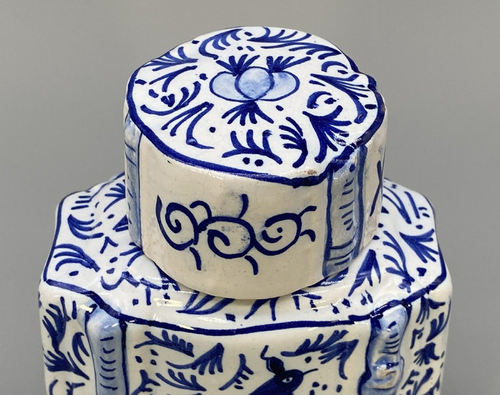 c. 1820 Dutch Delft  Blue and White Chinoiserie Tea Caddy Canister & Cover View IX