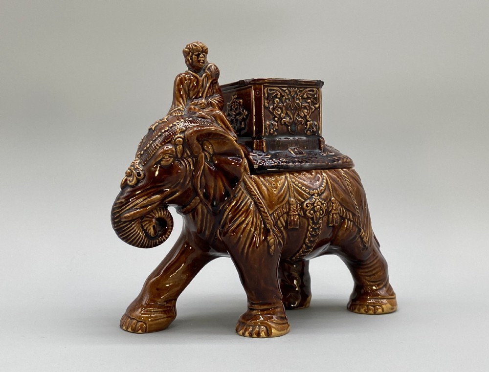 c. 1895 Original Antique Austrian Ceramic Glazed Tobacco Jar Elephant and Mahout