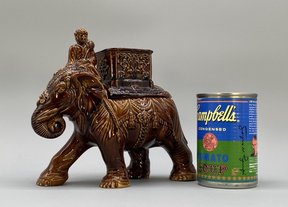 c. 1895 Original Antique Austrian Ceramic Glazed Tobacco Jar Elephant and Mahout View II