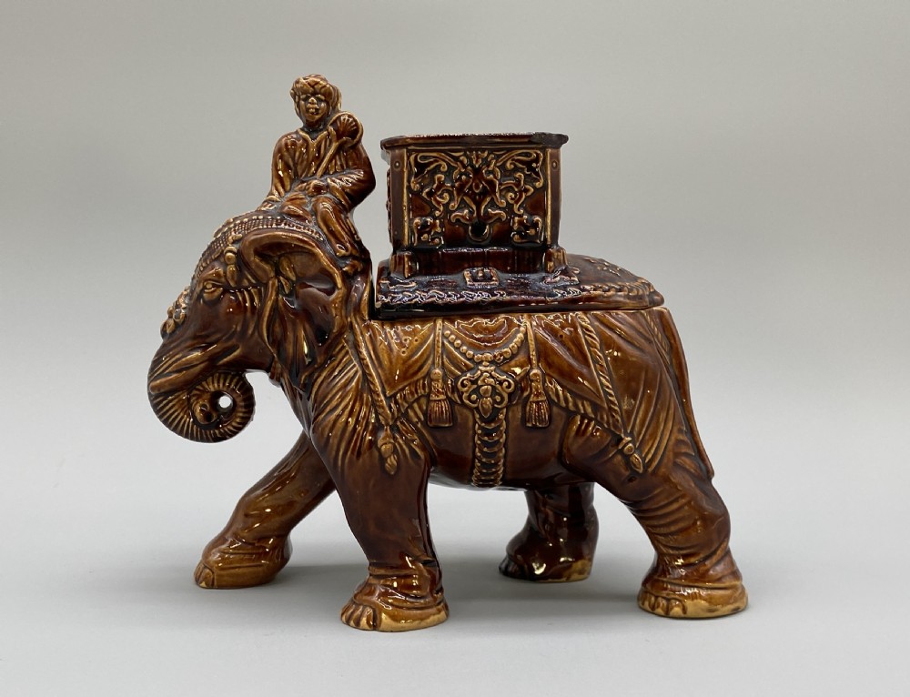 c. 1895 Original Antique Austrian Ceramic Glazed Tobacco Jar Elephant and Mahout View III