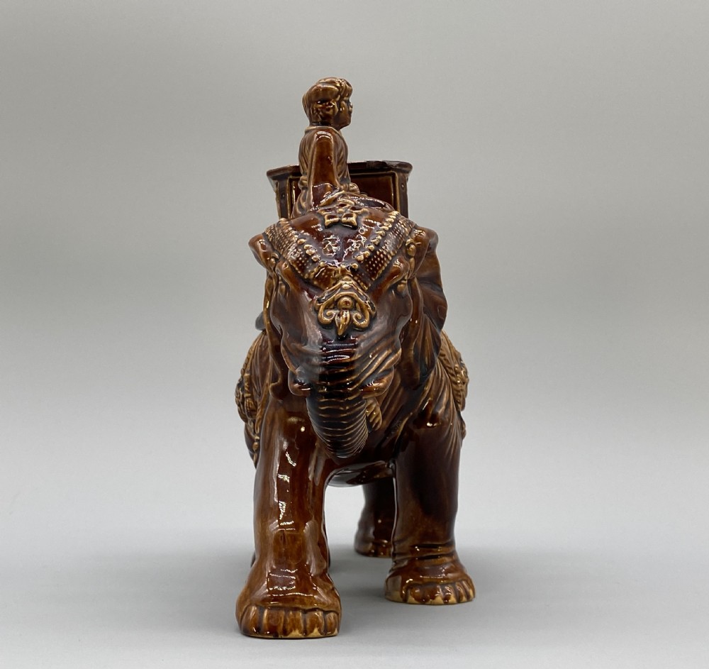 c. 1895 Original Antique Austrian Ceramic Glazed Tobacco Jar Elephant and Mahout View V