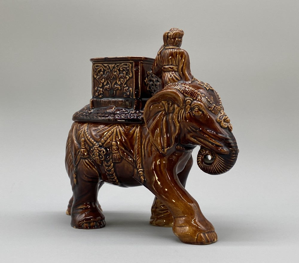 c. 1895 Original Antique Austrian Ceramic Glazed Tobacco Jar Elephant and Mahout View VI