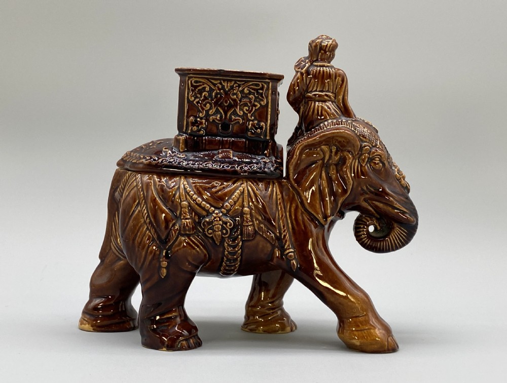 c. 1895 Original Antique Austrian Ceramic Glazed Tobacco Jar Elephant and Mahout View VII