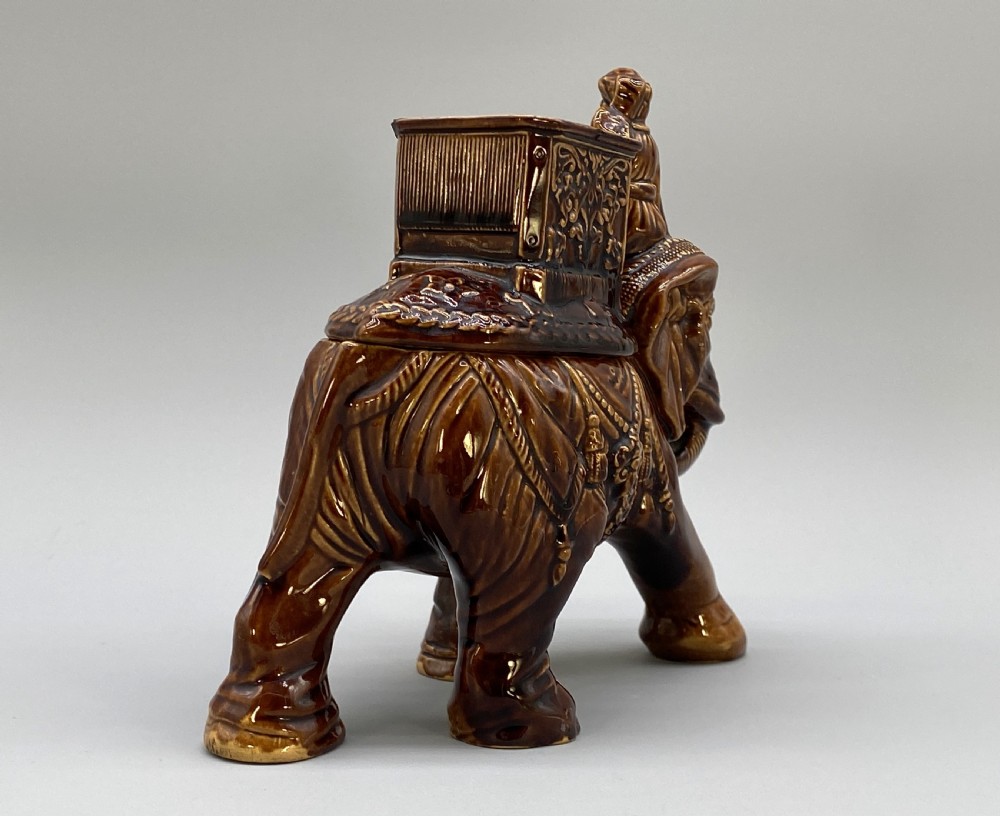 c. 1895 Original Antique Austrian Ceramic Glazed Tobacco Jar Elephant and Mahout View VIII