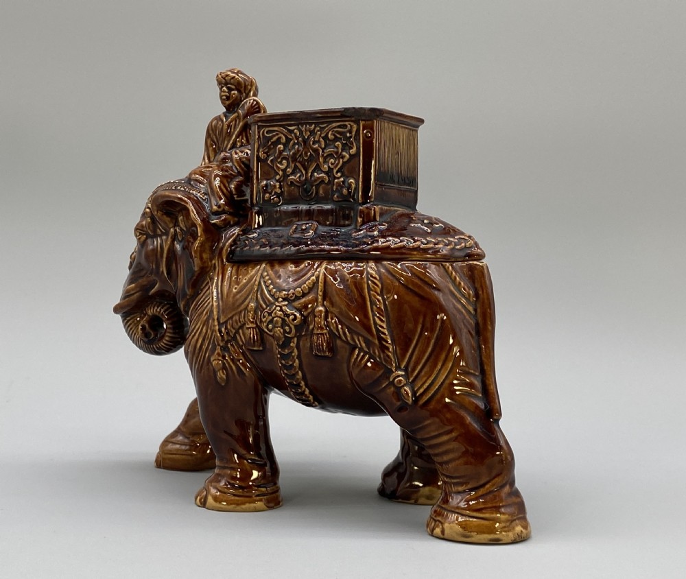 c. 1895 Original Antique Austrian Ceramic Glazed Tobacco Jar Elephant and Mahout View IX