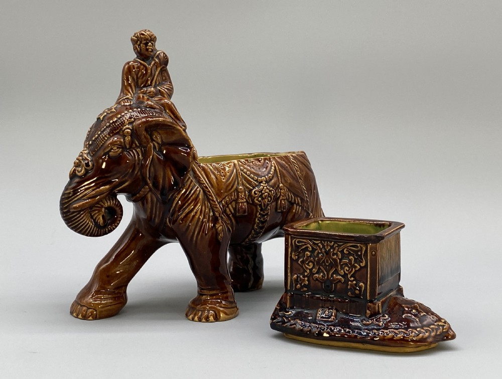 c. 1895 Original Antique Austrian Ceramic Glazed Tobacco Jar Elephant and Mahout View X