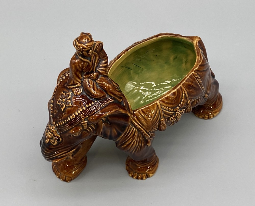 c. 1895 Original Antique Austrian Ceramic Glazed Tobacco Jar Elephant and Mahout View XI